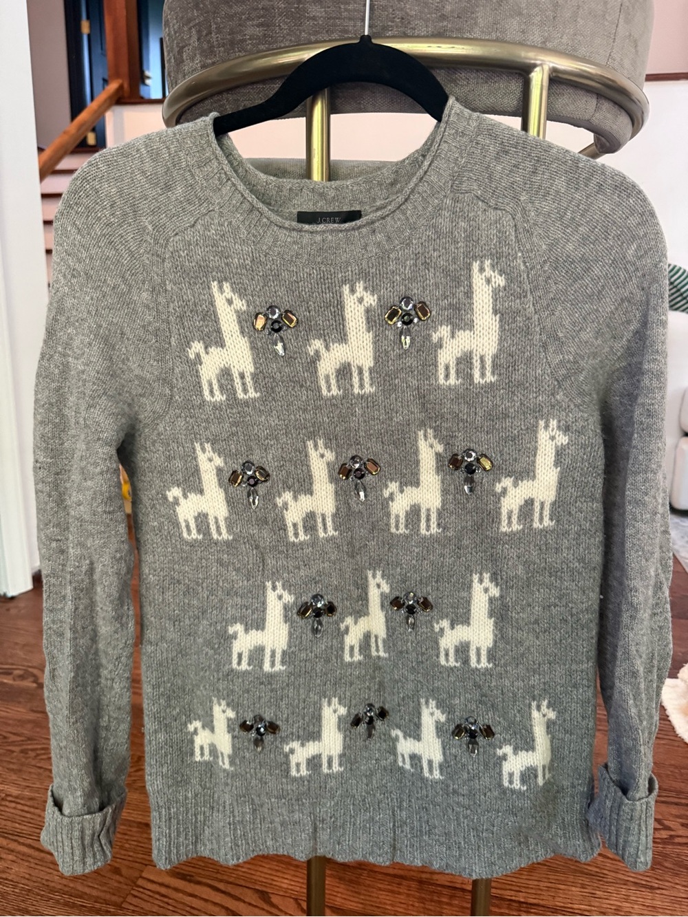 J. Crew Gray Crewneck Sweater with White Llama Motifs and Jewel Accents